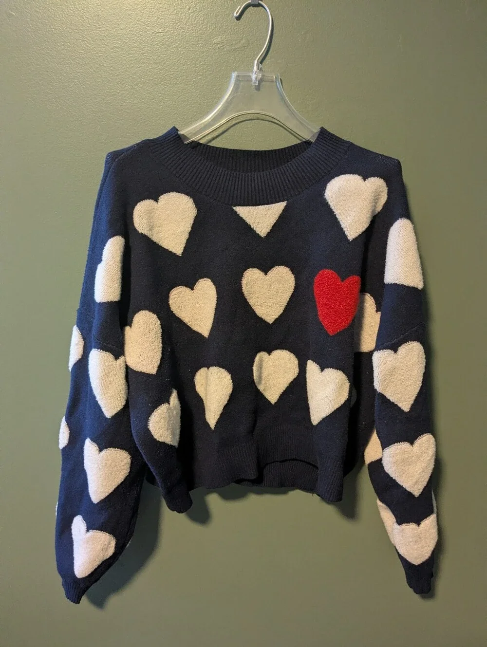 Pink Rose Navy Crewneck Sweater with Cream Hearts and Red Accent - Picture 1 of 3